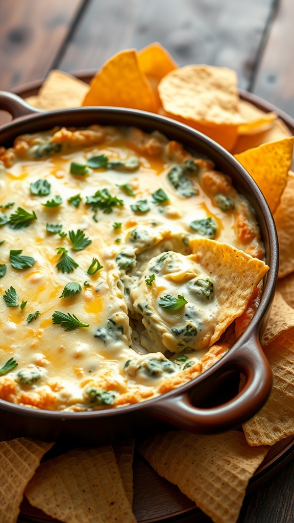 Creamy spinach artichoke dip in a baking dish with tortilla chips on the side.
